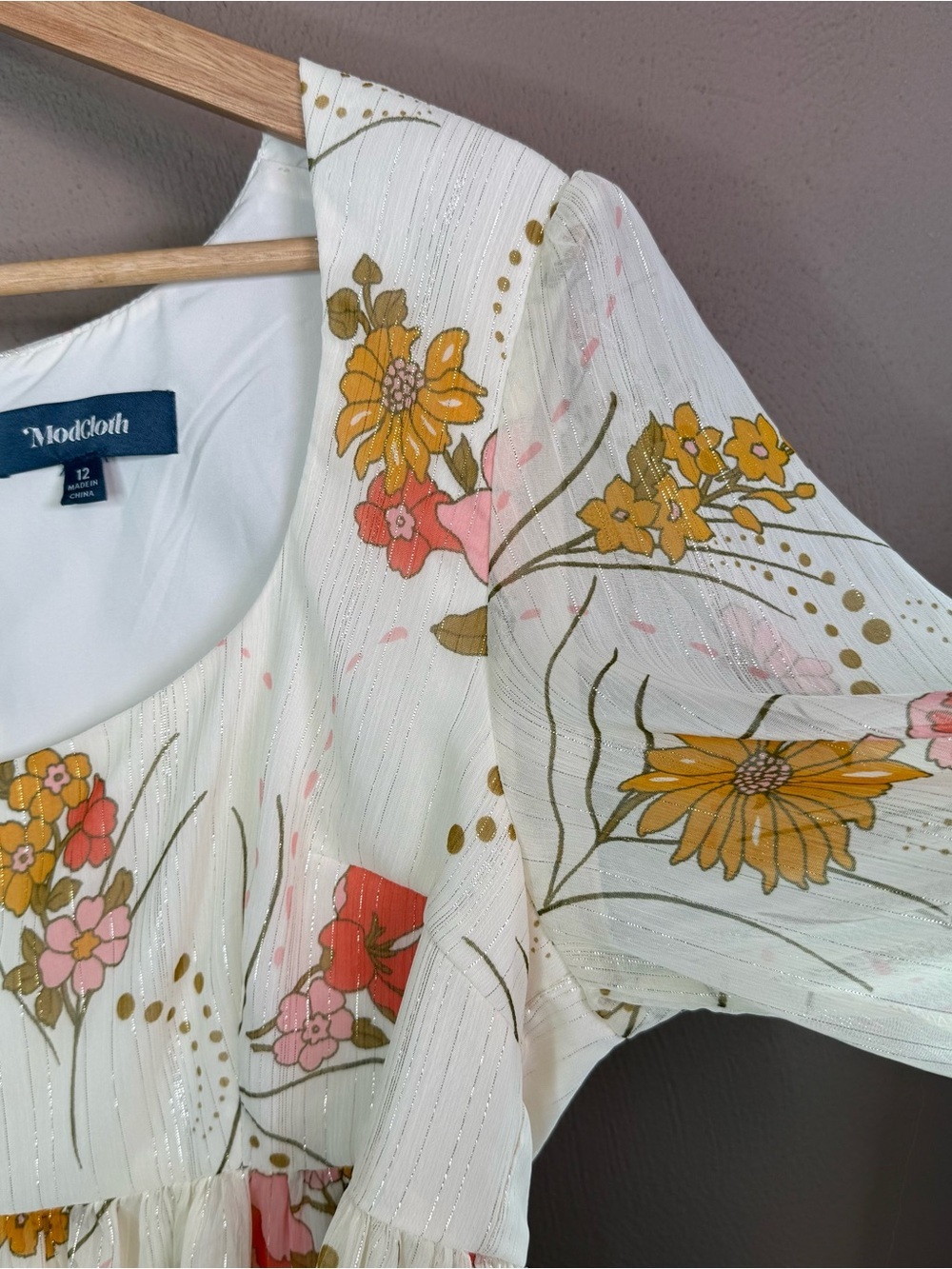 ModCloth Boho Empire Waist Flowy Floral Baby Doll Dress Bell Sleeves Size 12 - Picture 8 of 16